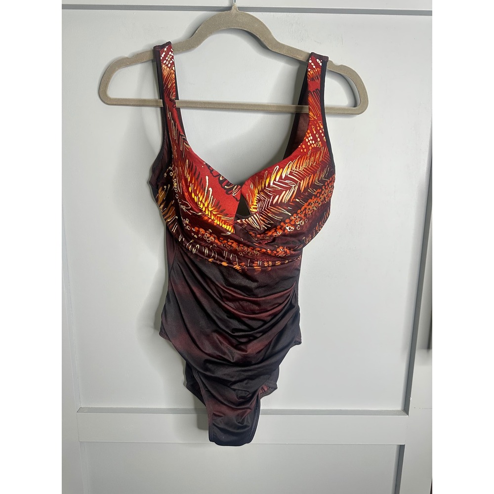 Miraclesuit Womens Red Ombre Tropical One Piece Swimsuit 68666 Size 14